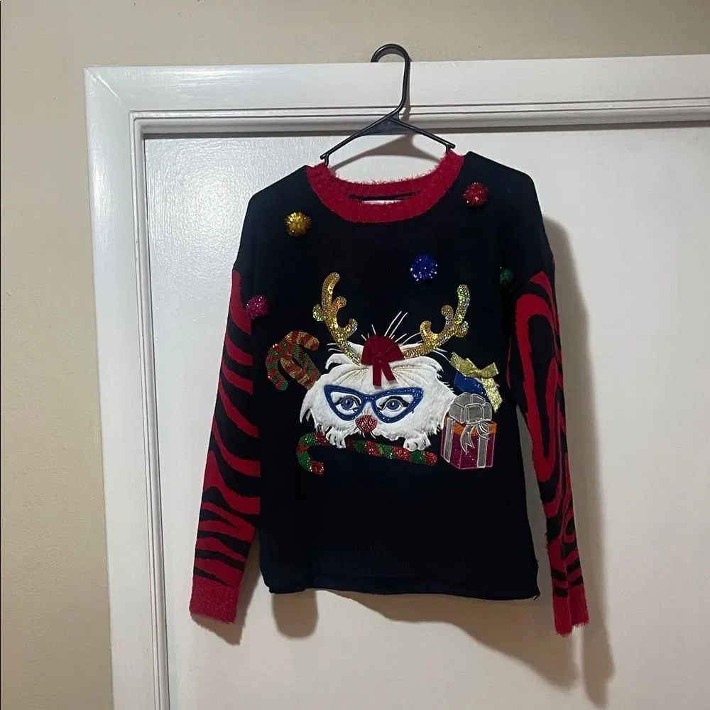 Rafiana Bold Red and Black cat Christmas Sweater size small